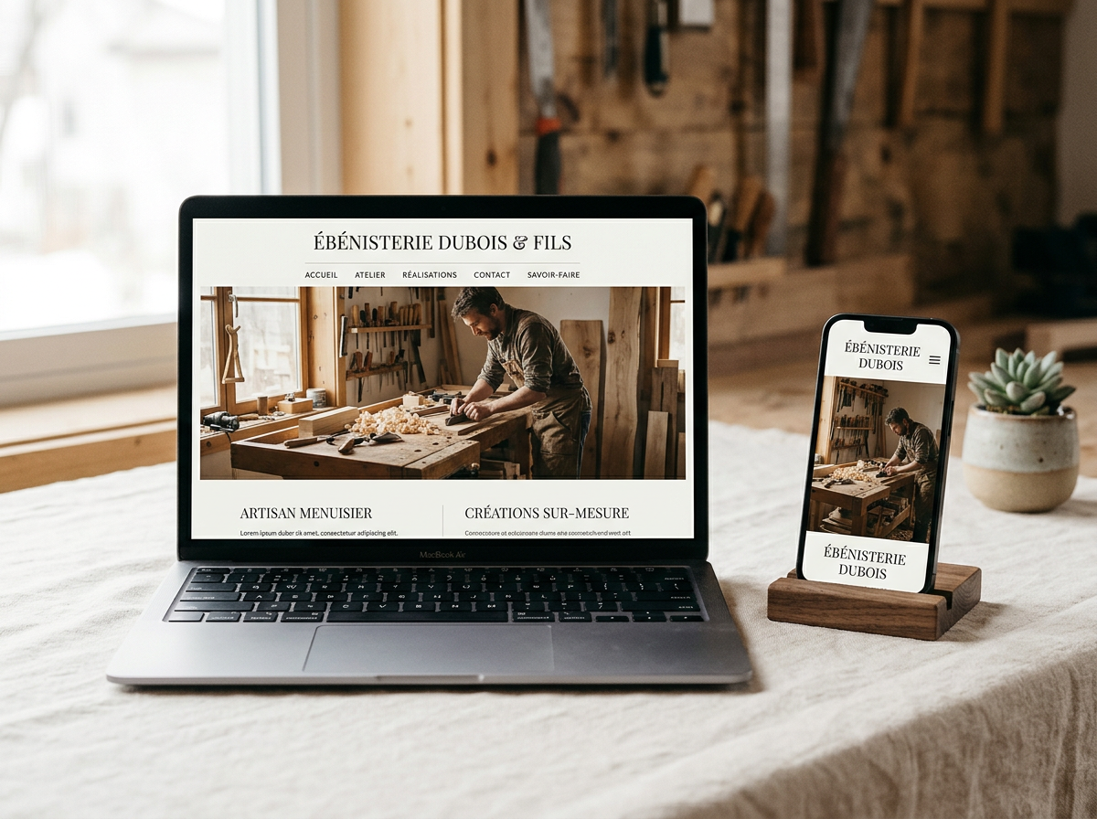 Mockup d'un site web réalisé pour un artisan, affiché sur ordinateur portable et smartphone